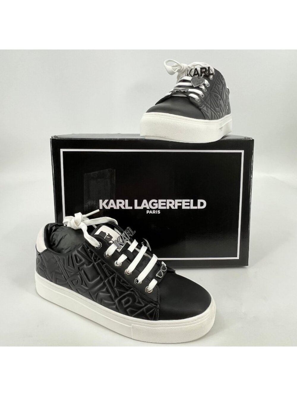 Karl Lagerfeld Paris Cate Karl Box Sneakers Black Size 8.5M Leather Lace Up Logo